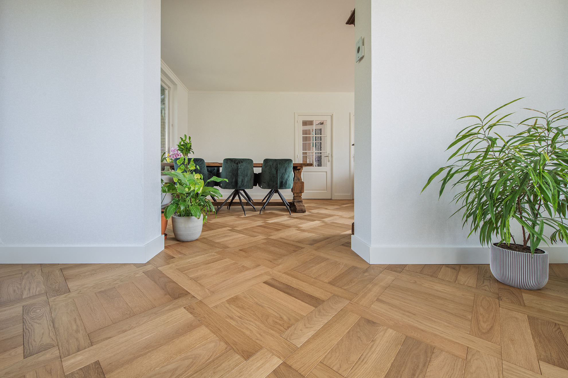Eiken parket in Waalpatroon op vloerverwarming